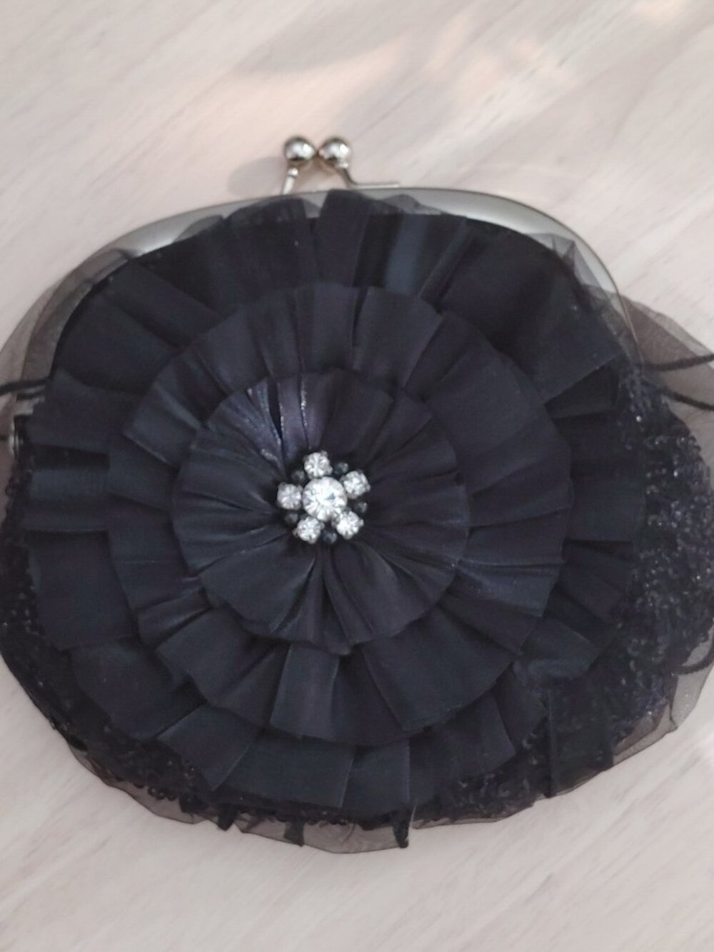 Black Crinoline & Bead Evening Clutch Crossbody Purse with Flower Brooch